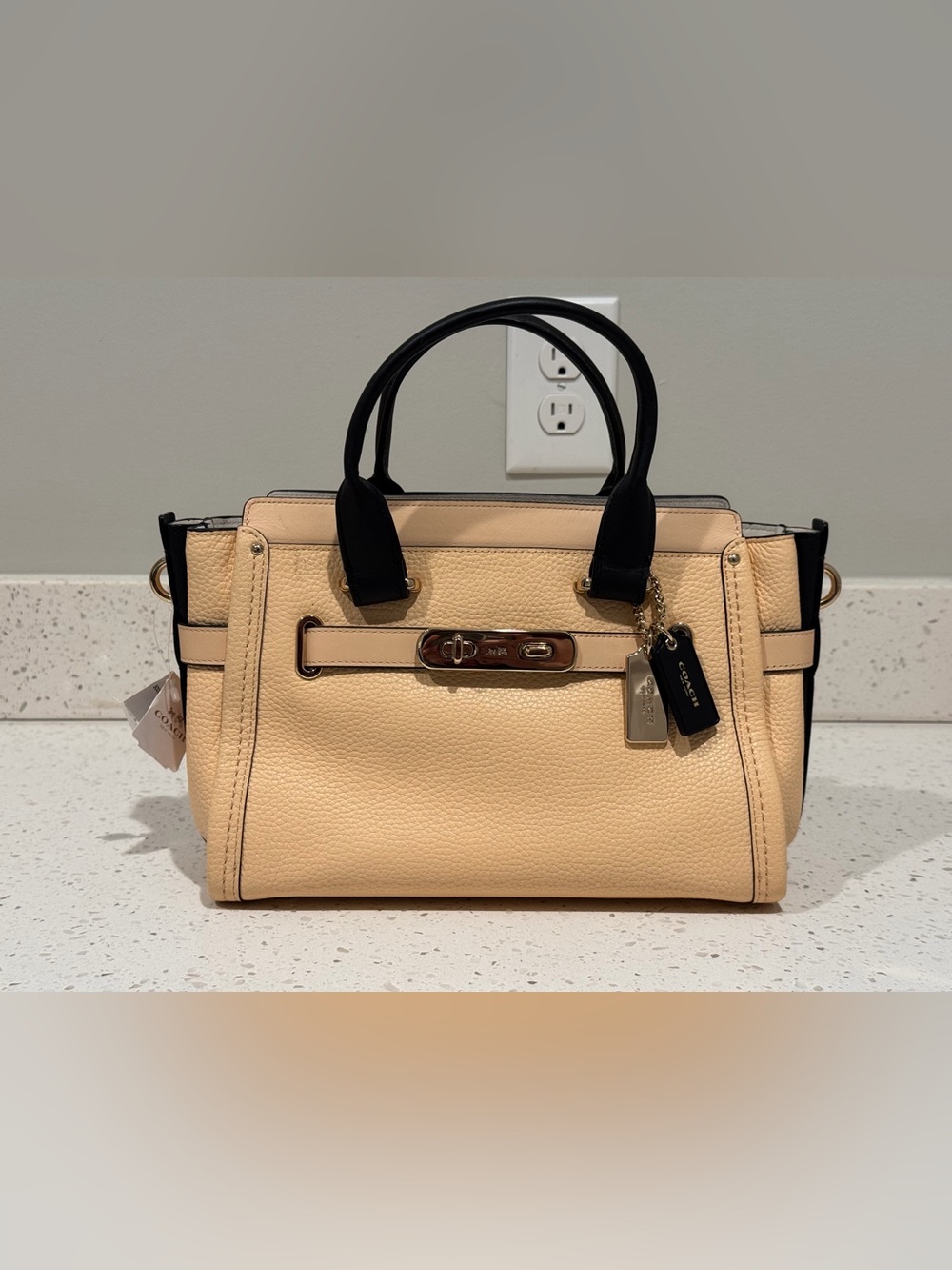 Coach Leather Pebbled Satchel Handbag - Black & Beige